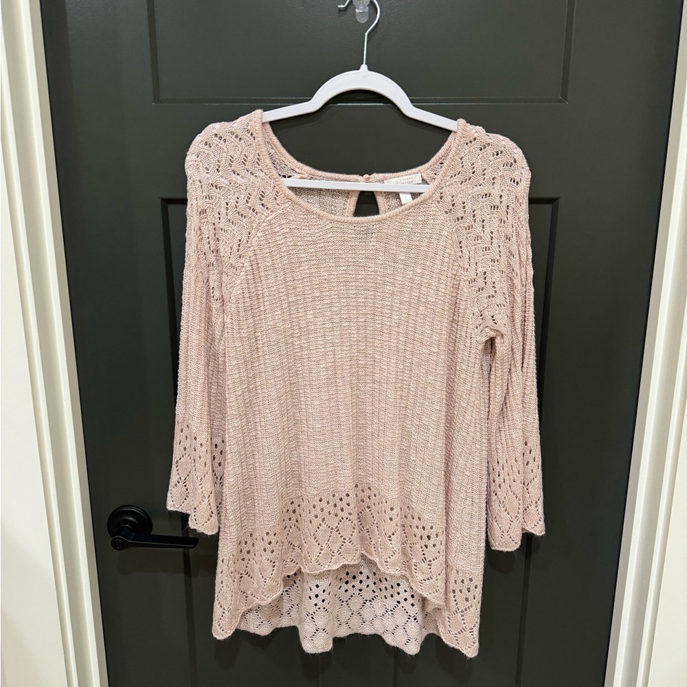 LC Lauren Conrad Pale Blush Crochet-Trim Scoop Neck Pullover